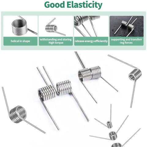 72 Piece Stainless Steel Torsion Spring Set in a Sturdy Case, 18 Sizes Covering 45 90 120 and 180 Degree 6 Laps, showcasing elasticity