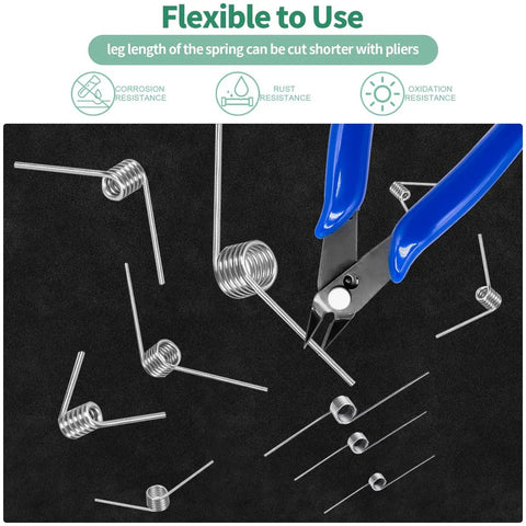 72 Piece Stainless Steel Torsion Spring Set in a Sturdy Case with pliers, showing cutting flexibility, 18 sizes 45 90 120 180 Degree 6 Laps