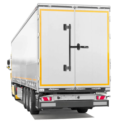 Durable stainless steel 36 inch cam bar lock provides secure, rust resistant protection for trailer doors, rear view installed
