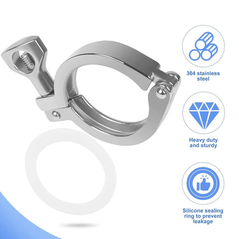 Five Piece Heavy Duty Single Pin Tri Clamp Ferrules Set 2 Inch Sanitary Stainless Steel 304 With Silicone Gaskets, front view