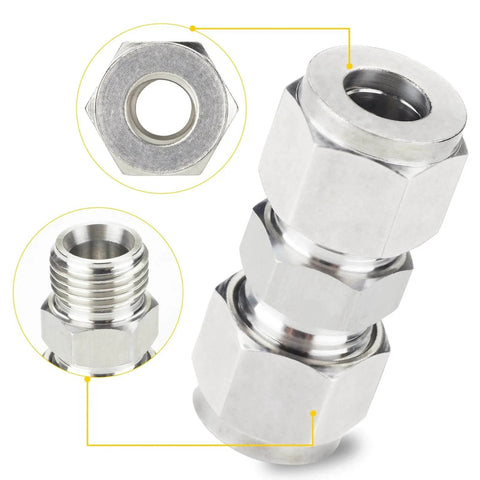 304 Stainless Steel Compression Tube Fitting Union With Double Ferrule For Easy Connection 6mm Tube OD To 6mm Tube OD, angled view