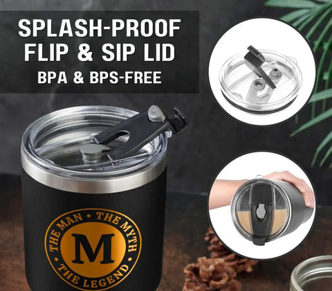 Man The Myth The Legend Monogram Stainless Steel Travel Tumbler For Men 30 Oz with splash-proof flip lid in black.