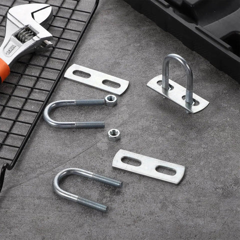 Four Sets Stainless Steel U Bolts With Frame Plates And Nuts 50mm Inner Width Clamp Kit displayed on table with tools