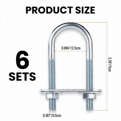 Durable stainless steel U bolts kit with 6 bolts, plate, 12 nuts and washers for secure pipe or conduit mounting, 25mm width, 70mm length.