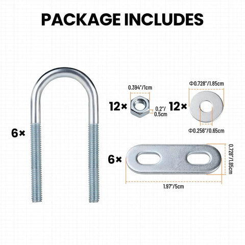 Durable stainless steel U bolts kit with 6 bolts, plate, 12 nuts and washers for secure pipe or conduit mounting shown.