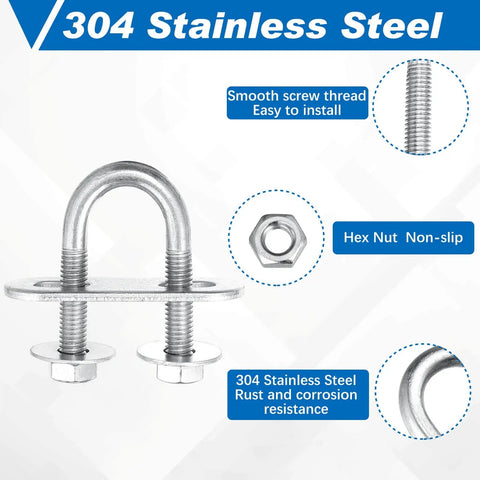 Complete 16-piece U-bolt kit with M6 zinc plated round bends, plates, nuts, and washers for fast, secure pipe and rail mounting