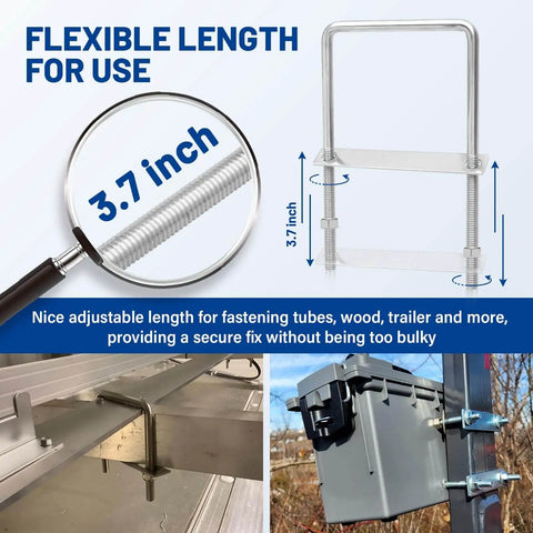 Square U Bolts Kit With Frame Plates And Nuts Stainless Steel U Clamp Bolts For Wood Boats Trailers Tubes Industrial Use Three Eighths Inch By Four Inch By Seven Inch Thread kit shown with flexible length, installed on a trailer and securing a box.
