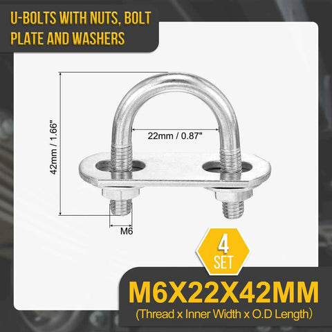 Premium 304 stainless steel U bolt kit with nuts, washers and frame plate, 4Set for 22mm pipes and M6 threads, 42mm long
