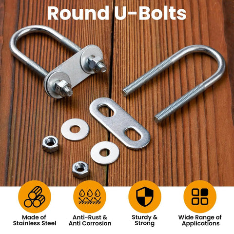 Durable stainless steel U bolts kit with 6 bolts, plate, 12 nuts and washers for secure pipe or conduit mounting shown on wood