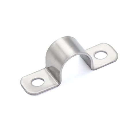 Stainless steel conduit clamp with U-shaped band and two mounting flanges with holes