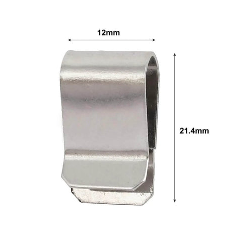 Close-up of a 20pcs Stainless Steel Spring U Clip Silver Tone 21.4mm x 12mm with dimension markings