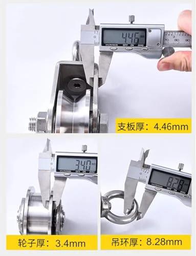 Close-up measurements of 2pcs U-Groove Caster Wheel, Heavy Duty Sheaves Track Pulley, 304 Stainless Steel Directional Roller.