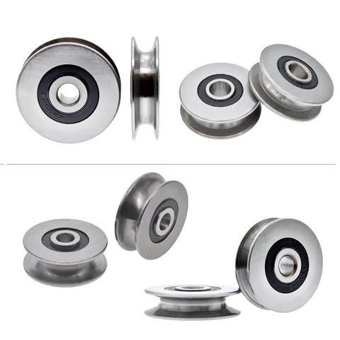 Stainless Steel Deep U-Groove Ball Bearing Pulley, 8mm/0.3" Inner Dia, 40mm Diameter, shown in various angles.