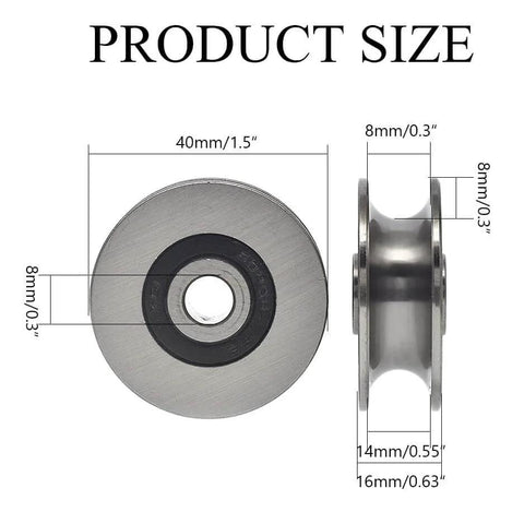 Stainless Steel Deep U-Groove Ball Bearing Pulley, Metal Pulley, Wheel Bearings, Wire Rope Pulley 8mm/0.3" Inner Dia,Outside 40mm Diameter side and front view