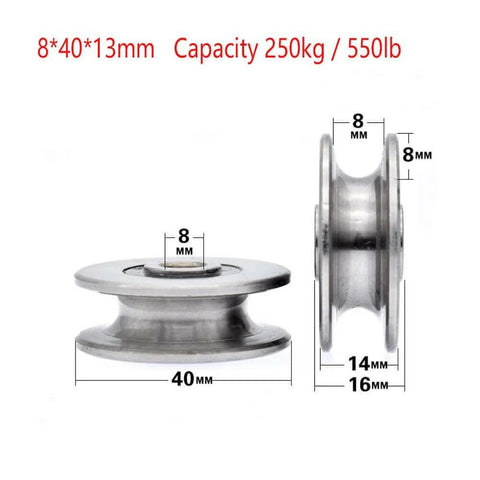 Side and front view of Stainless Steel Deep U Groove Ball Bearings Pulley Metal Pulley Wheel Bearings Wheel Wire Rope Pulley for Lifting Guide, 8mm/0.3" Inner Dia