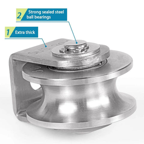 Side view of U Groove Pulley Block 2", 304 Stainless Steel Pulley Roller, duplex bearing, for wire rope traction, home gym use.