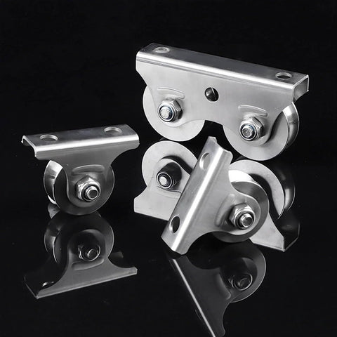 Stainless steel pulley set with U-groove wheels for wire rope, featuring Pulley,Pulley Wheel, Pulley Wheel Clothes line Pulley U Groove Wheel Pulley Stainless Steel Pulley Block Super Silent Single Lifting Rope Pulley Roller Track Block for Wire Rope.