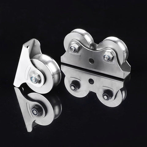 Pulley,Pulley Wheel, Pulley Wheel Clothes line Pulley U Groove Wheel Pulley Stainless Steel Pulley Block Super Silent Single Lifting Rope Pulley Roller Track Block for Wire Rope, showcasing stainless steel construction and dual wheel setup.