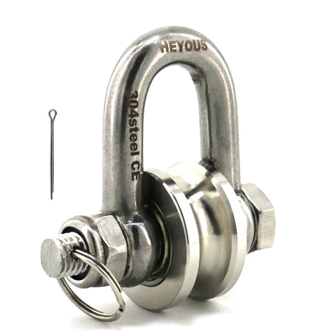 Long Unbuckled U Shaped Swivelling Pulley Stainless Steel Duplex Bearing Silver Pulley Roller Track Fixed Pulley Suitable for Small Cranes and Salvage Systems and Pulley Model, close-up view