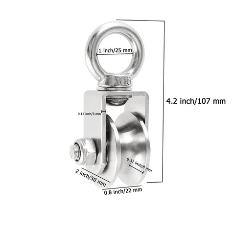 2 Inch U-Type Pulleys for Rope, Stainless Steel M10 Swivel Pulley Block with Bearing, U-Groove Roller Single Pulley Wheel