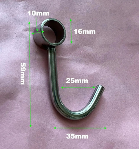 Close-up of a stainless steel hook with measurements for the Premium Stainless Steel Kitchen Tool Utensil Organizer Rack with Movable Hooks.