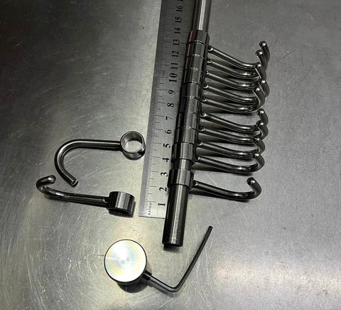 Close-up of Premium Stainless Steel Kitchen Tool Utensil Organizer Rack with Movable Hooks, showing 12 hooks and mounting hardware.