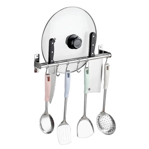 Utensil Hanging Rack Stainless Steel Rail Hanger Rod Wall Mounted Pot Pan Lid Holder Cookware Storage Organizer with Sliding Hooks for Kitchen