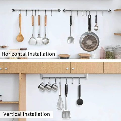 Kitchen Utensil Rack 2 Pack, 15.6 Inch Pots and Pans Hanging Rack Wall Mounted, 304 Stainless Steel with 7 Sliding Hooks, horizontal and vertical installation.