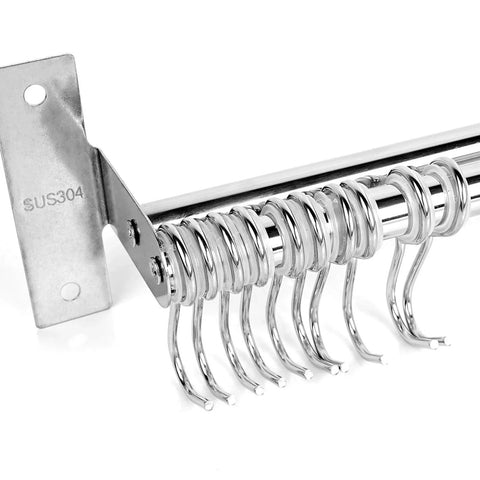 Side view of Utensil Hanging Rack Stainless Steel Rail Hanger Rod Wall Mounted with sliding hooks for kitchen storage