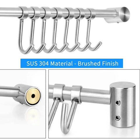 Close-up of 304 stainless steel Kitchen Utensil Rack 2 Pack with 7 sliding hooks, wall-mounted for pots and pans, brushed finish