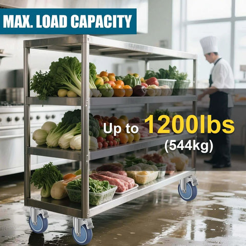 3 inch stainless steel caster wheels with total lock brake made from SUS 304, washable maintenance free casters designed for sanitary use in a 2 pack on a kitchen cart.