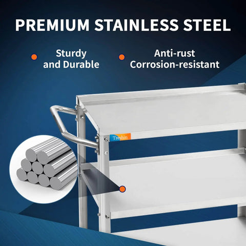 Close-up of Three Tier Stainless Steel Utility Cart For Restaurant Hospital Lab And Hotel Use With Easy Handle and durable material.