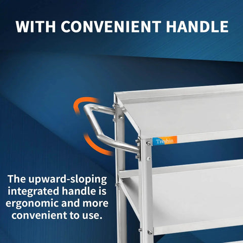 Side view of Three Tier Stainless Steel Utility Cart For Restaurant Hospital Lab And Hotel Use With Easy Handle