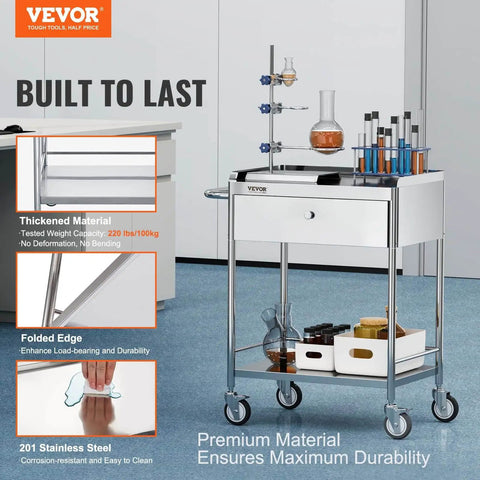 Stainless Steel Utility Cart With Wheels For Medical And Dental Labs Heavy Duty Rolling Cart With Two Shelves And One Drawer