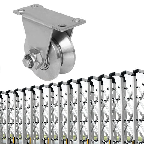 Close-up of a 2 pack 2 inch V groove wheel pulley, 304 stainless steel silent pulley block with heavy duty caster wheels, sliding gate rollers for handling and moving, pressure bearing pulley loading 880lb for heavy duty stainless pulley wheel for lifting and riggi.
