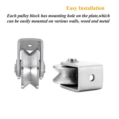 Side view of 2pcs V Groove Wheel Stainless Steel Heavy Duty Wire Rope Pulley Block Sliding Gate Rollers Double Bearing Plate Caster