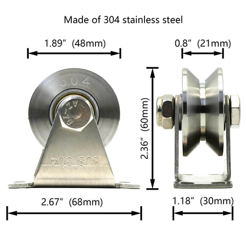 V Type Groove Wheel Pulley Stainless Steel Silent Pulley Block with dimensions, wall-mounted or ceiling lifting, side and front view