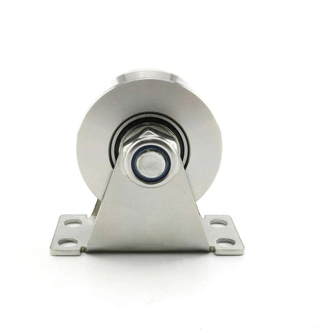 Front view of Stainless Steel Pulley Block Single Wheel Swivel Lifting Rope Pulley Block with Mounting Screws, V Groove Type