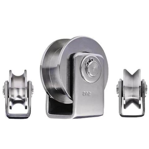 Front and side views of Pulley,Pulley Wheel, 201 Stainless Steel Bearing Pulley Wire Rope Pulley U-Type V-h-Shaped Groove Wheel.