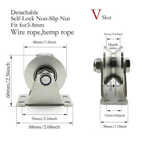 Front and side view of Stainless Steel Pulley Block Single Wheel Swivel Lifting Rope Pulley Block with Mounting Screws, V Groove Type