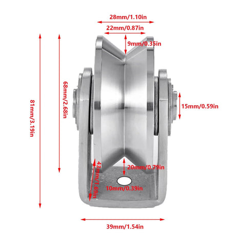 Side view of V Groove Wheel Stainless Steel Heavy Duty Wire Rope Pulley Block Sliding Gate Rollers with measurements