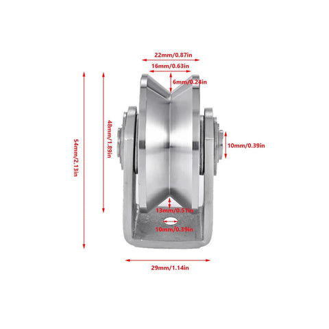 Front view of 2pcs V Groove Wheel Stainless Steel Heavy Duty Wire Rope Pulley Block Sliding Gate Rollers with measurements shown.
