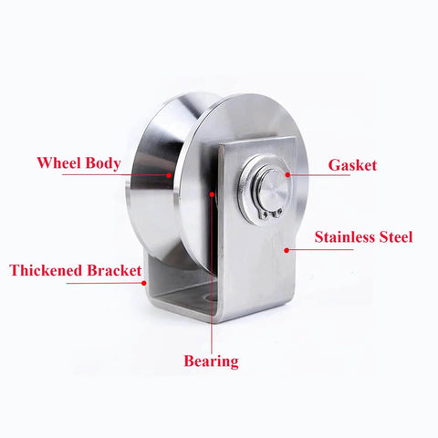 Front view of 2pcs V Groove Wheel Stainless Steel Heavy Duty Wire Rope Pulley Block Sliding Gate Rollers with double bearing and bracket.