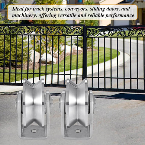 2pcs V Groove Wheel Stainless Steel Heavy Duty Wire Rope Pulley Block Sliding Gate Rollers Double Bearing Plate Caster Solid Track Rollers Wheels Fence Gate Wheel in front of a metal gate