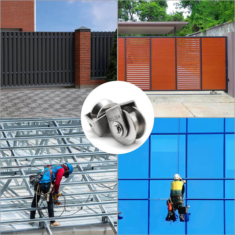 Collage showing 2PCS V Type Pulley Roller 304 Stainless Steel Pulley Block Duplex Bearing used with gates and construction work.