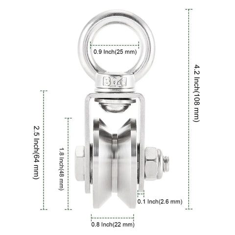 Front view of 2 Pack V Type Swivel Pulley With 304 Stainless Steel Double Ball Bearing dimensions, 441 lb capacity.