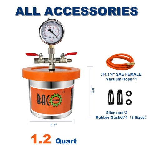 1.2 Quart Stainless Steel Vacuum Chamber Kit For Resin Degassing And Epoxy Casting With Acrylic Lid accessories displayed