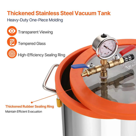 All In One 5 Gallon Vacuum Chamber Kit For Wood Stabilization And Resin Degassing With A 3.5 CFM Single Stage Vacuum Pump 40 Micron Vacuum And Tempered Glass Lid showcasing a stainless steel chamber and sealing ring