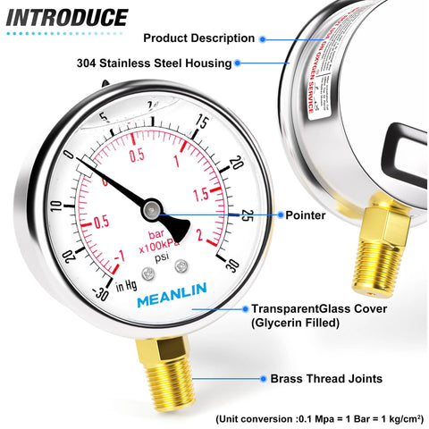 Meanlin Measure vacuum pressure gauge, 2.5-inch face, stainless steel housing, brass NPT fittings, lower mount