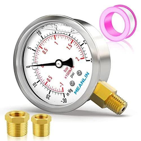 Meanlin vacuum gauge, 2.5-inch stainless dial, -30 inHg to 30 psi, lower mount, 1/4 in NPT, two brass bushings